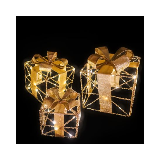 FS-STAR Set de 3 cadeaux LED dorées